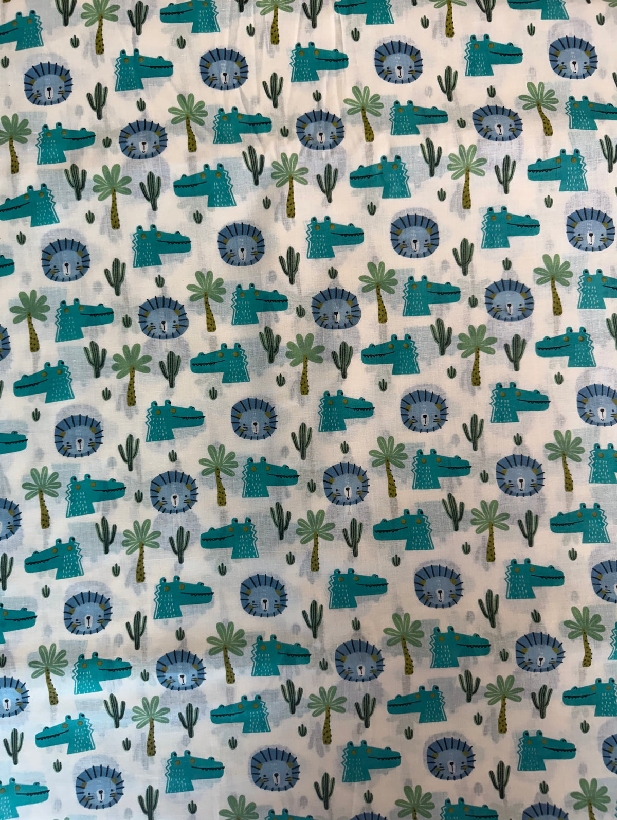100% Indian Cotton Fabric - Lions & Crocodiles (Blue/Turquoise)