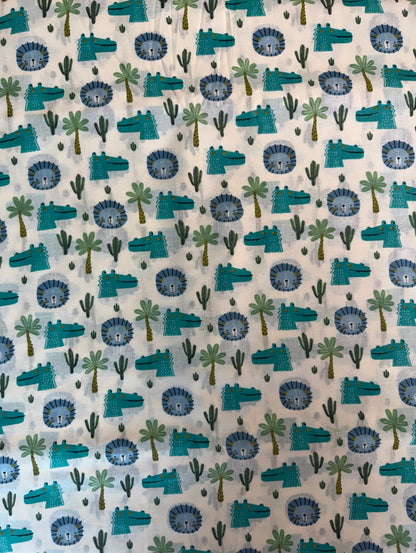 100% Indian Cotton Fabric - Lions & Crocodiles (Blue/Turquoise)