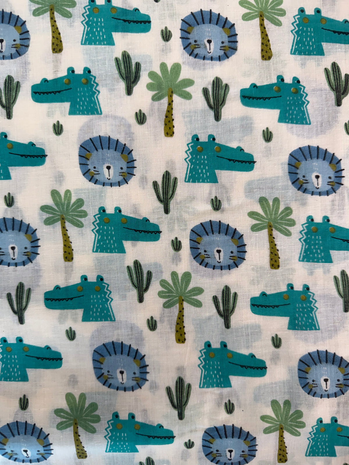 100% Indian Cotton Fabric - Lions & Crocodiles (Blue/Turquoise)