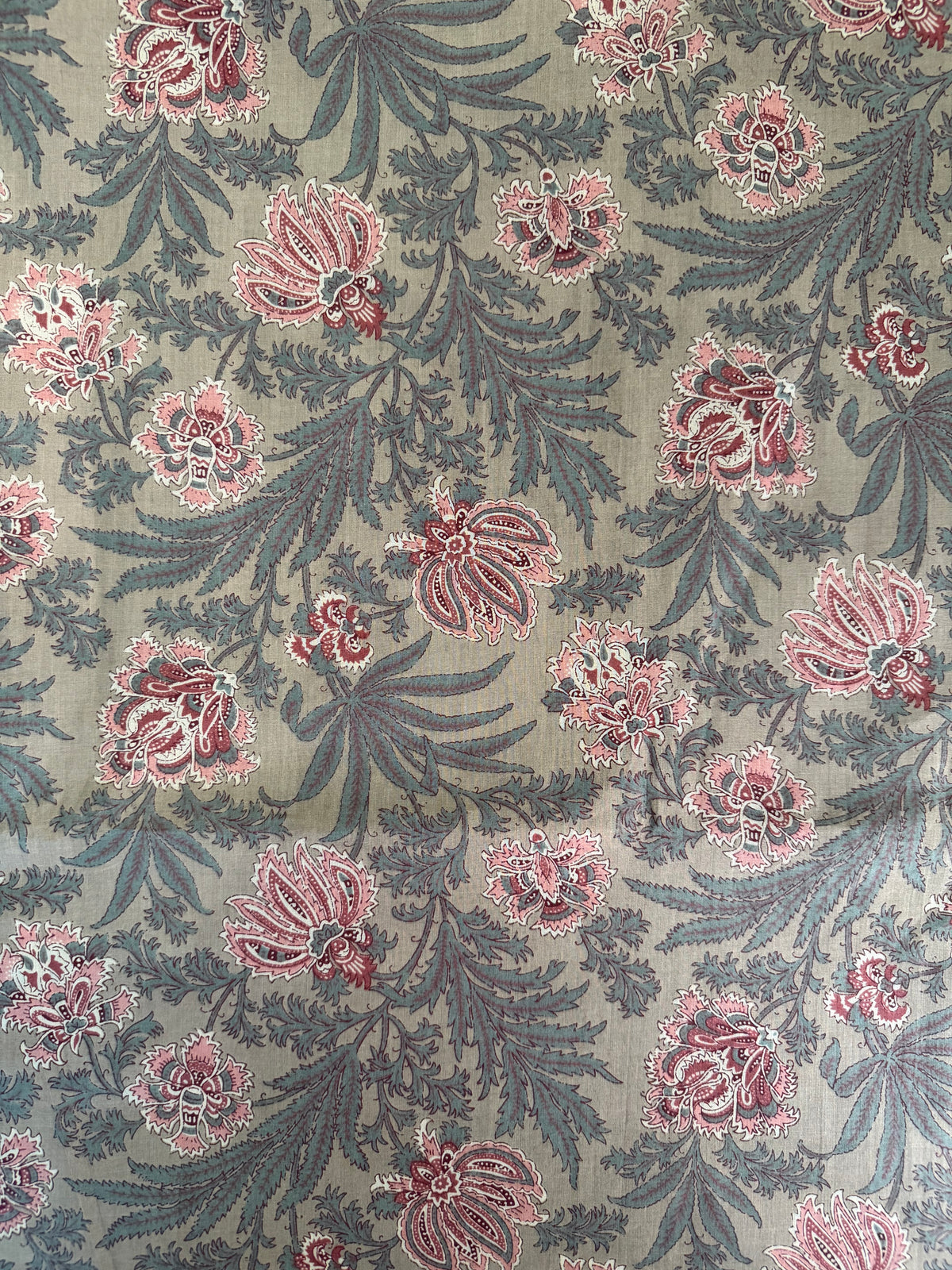 100% Indian Cotton Fabric - Sage With Pink Floral