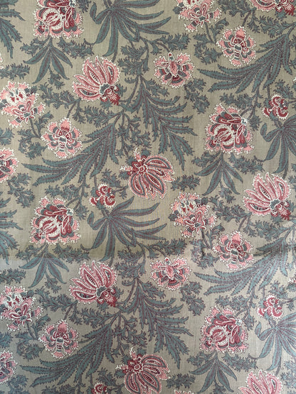 100% Indian Cotton Fabric - Sage With Pink Floral