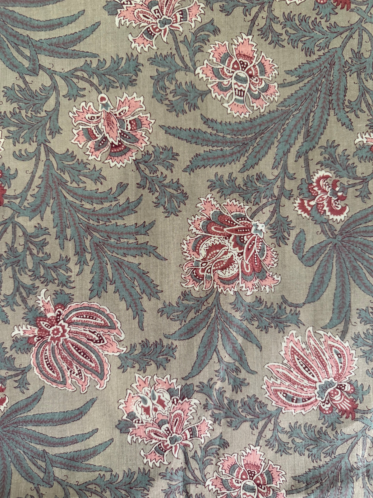 100% Indian Cotton Fabric - Sage With Pink Floral