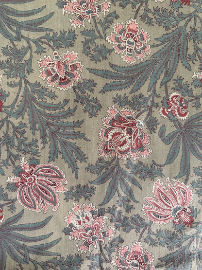 100% Indian Cotton Fabric - Sage With Pink Floral