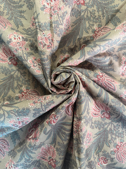100% Indian Cotton Fabric - Sage With Pink Floral