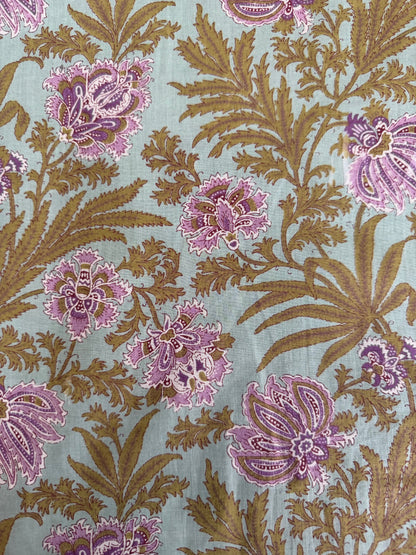 100% Indian Cotton Fabric - Mint With Mauve Orchid