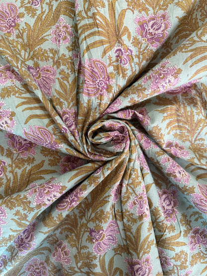 100% Indian Cotton Fabric - Mint With Mauve Orchid
