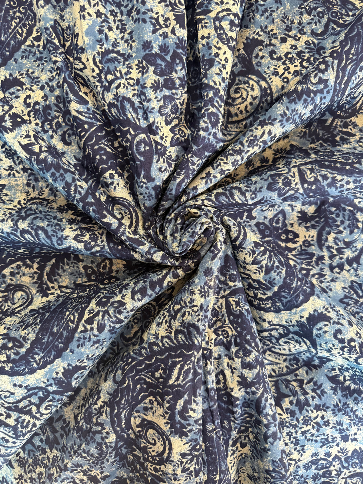 100% Indian Cotton Fabric - Blue & White Floral with Paisley