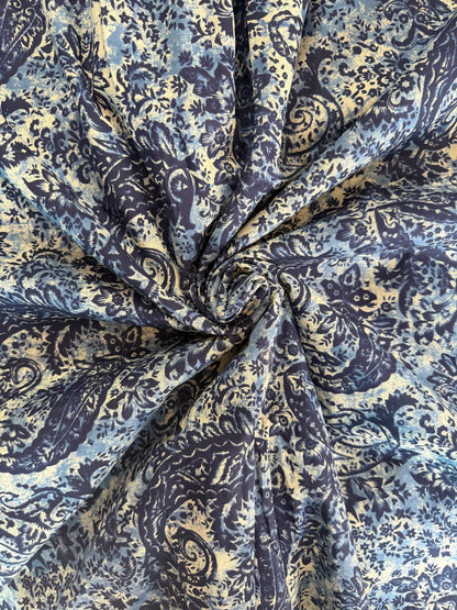 100% Indian Cotton Fabric - Blue & White Floral with Paisley