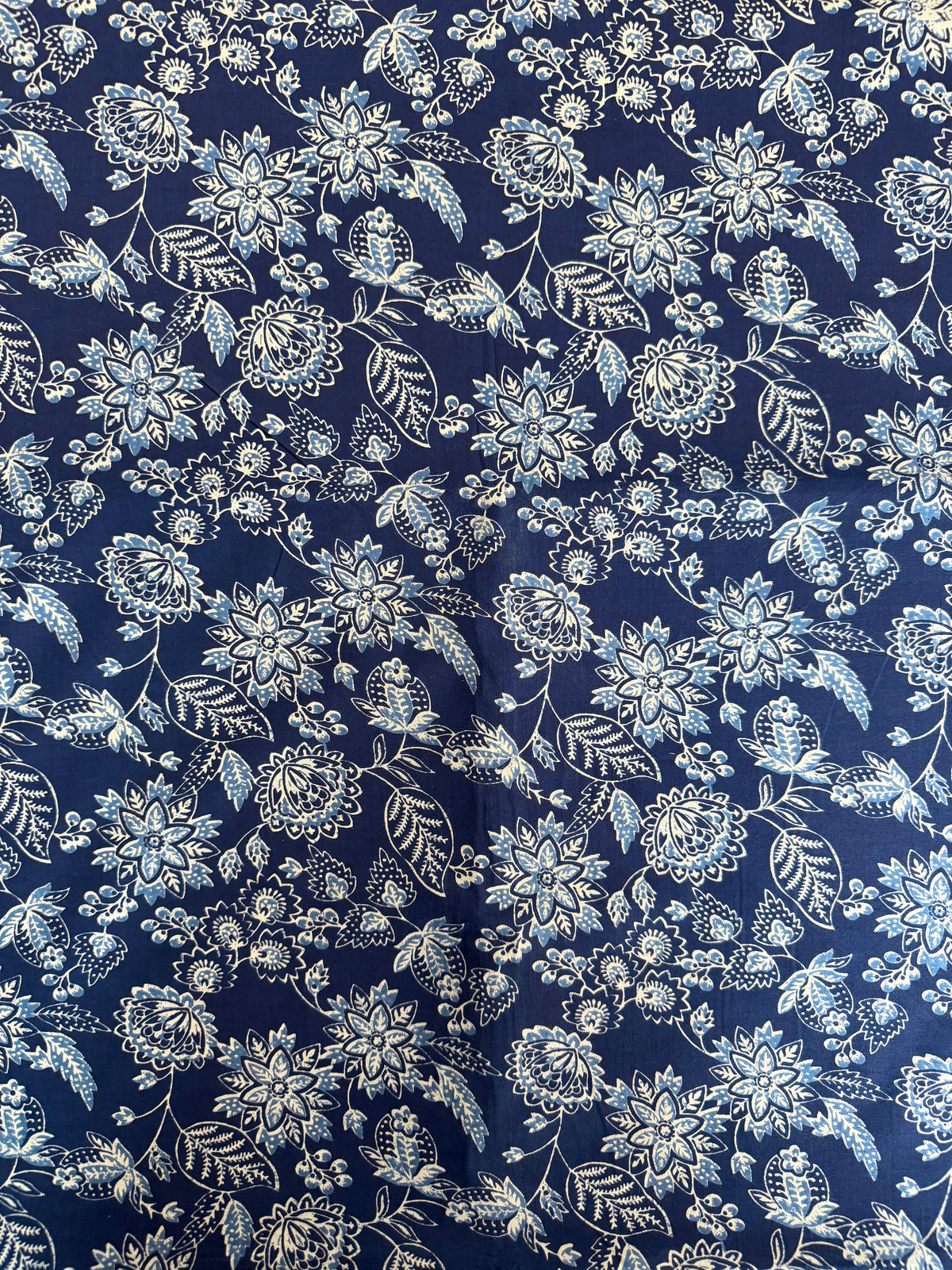 100% Indian Cotton Fabric - Blue & White with Sky Blue Floral