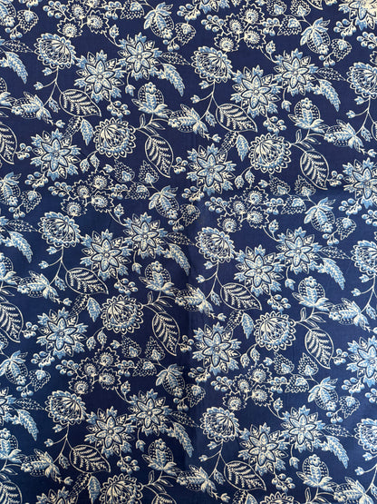 100% Indian Cotton Fabric - Blue & White with Sky Blue Floral