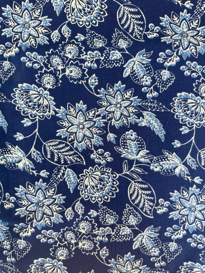 100% Indian Cotton Fabric - Blue & White with Sky Blue Floral