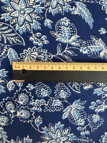 100% Indian Cotton Fabric - Blue & White with Sky Blue Floral
