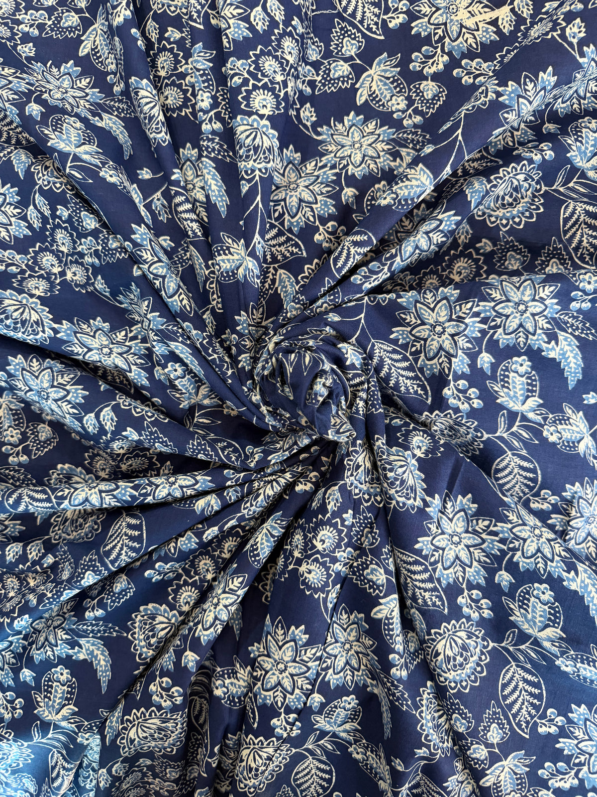 100% Indian Cotton Fabric - Blue & White with Sky Blue Floral
