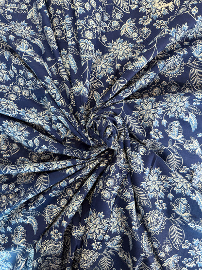100% Indian Cotton Fabric - Blue & White with Sky Blue Floral