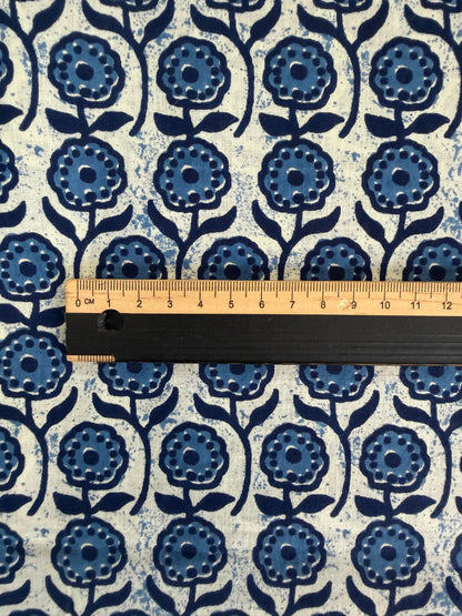 100% Indian Cotton Fabric - Blue & White Flowers