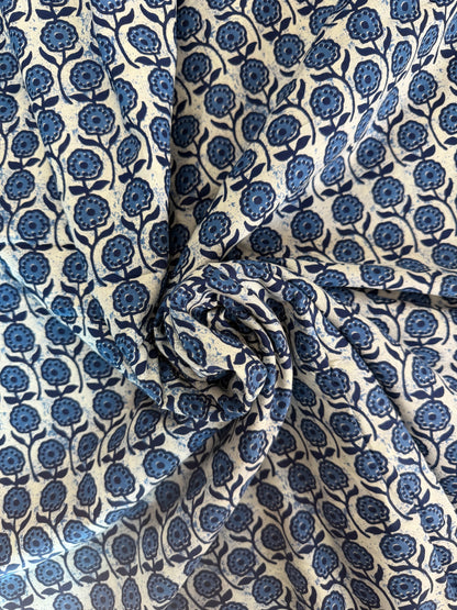 100% Indian Cotton Fabric - Blue & White Flowers