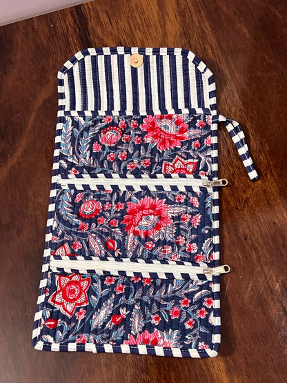 Quilted Jewellery Roll - Navy With Red Floral