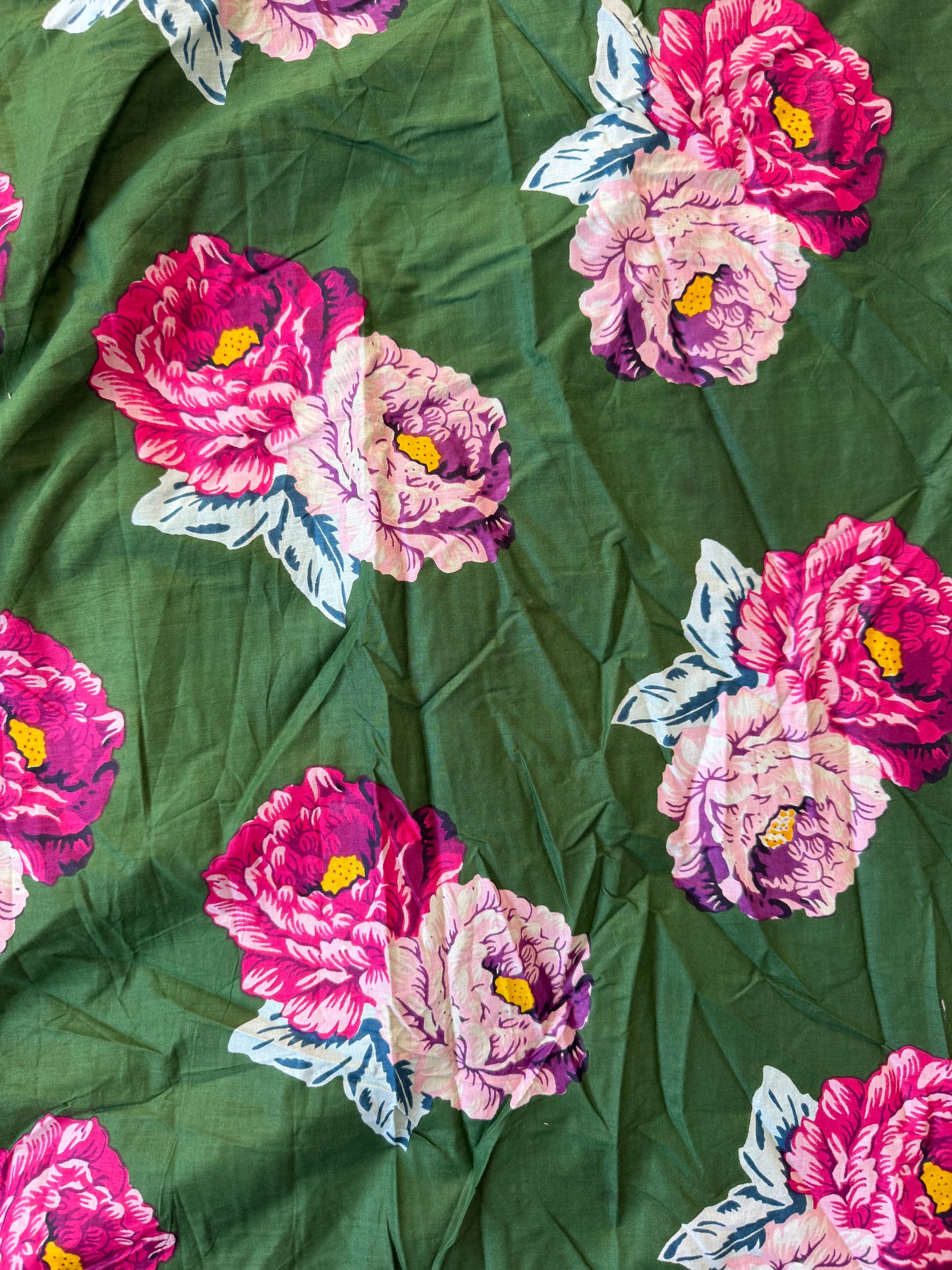 Cotton Screen Print Fabric - Green With Pink Peony