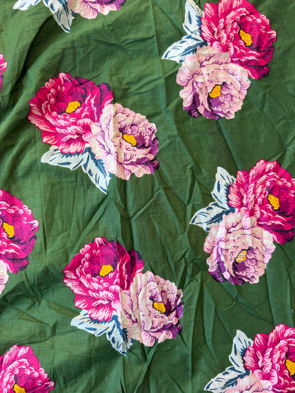 Cotton Screen Print Fabric - Green With Pink Peony