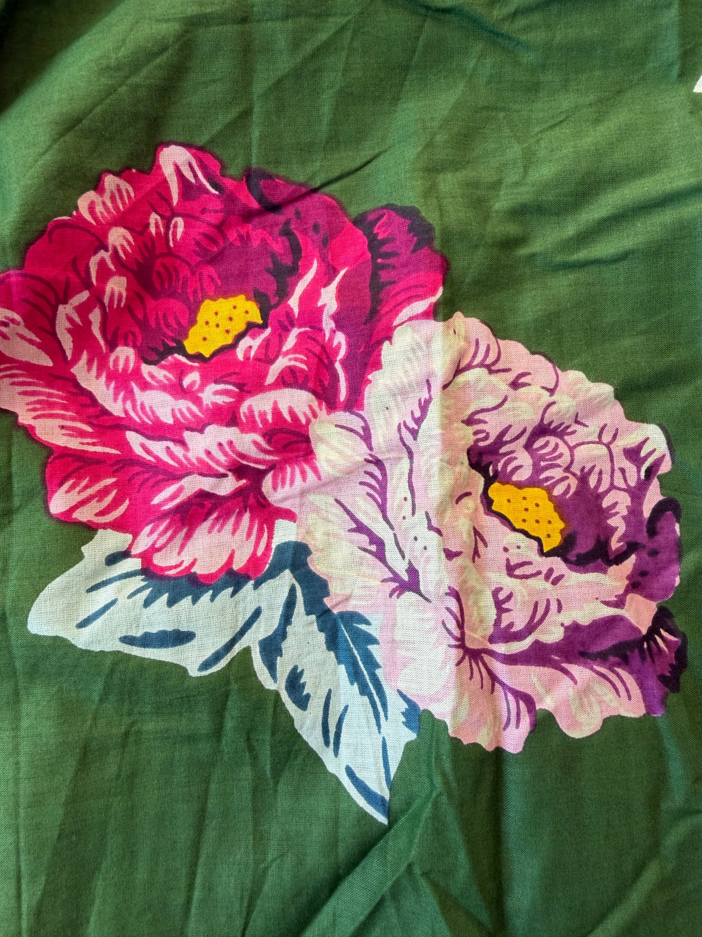 Cotton Screen Print Fabric - Green With Pink Peony