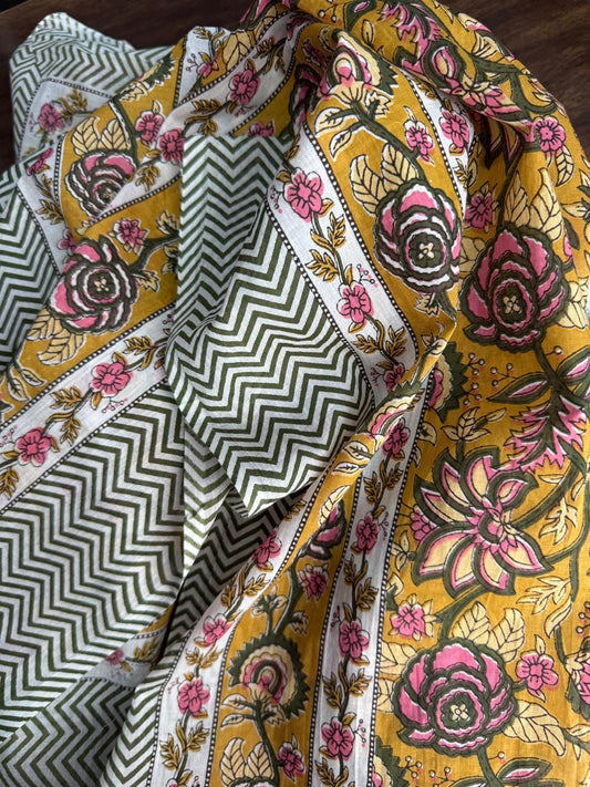 Block Print Cotton Sarong - Mustard With Green & Pink Floral