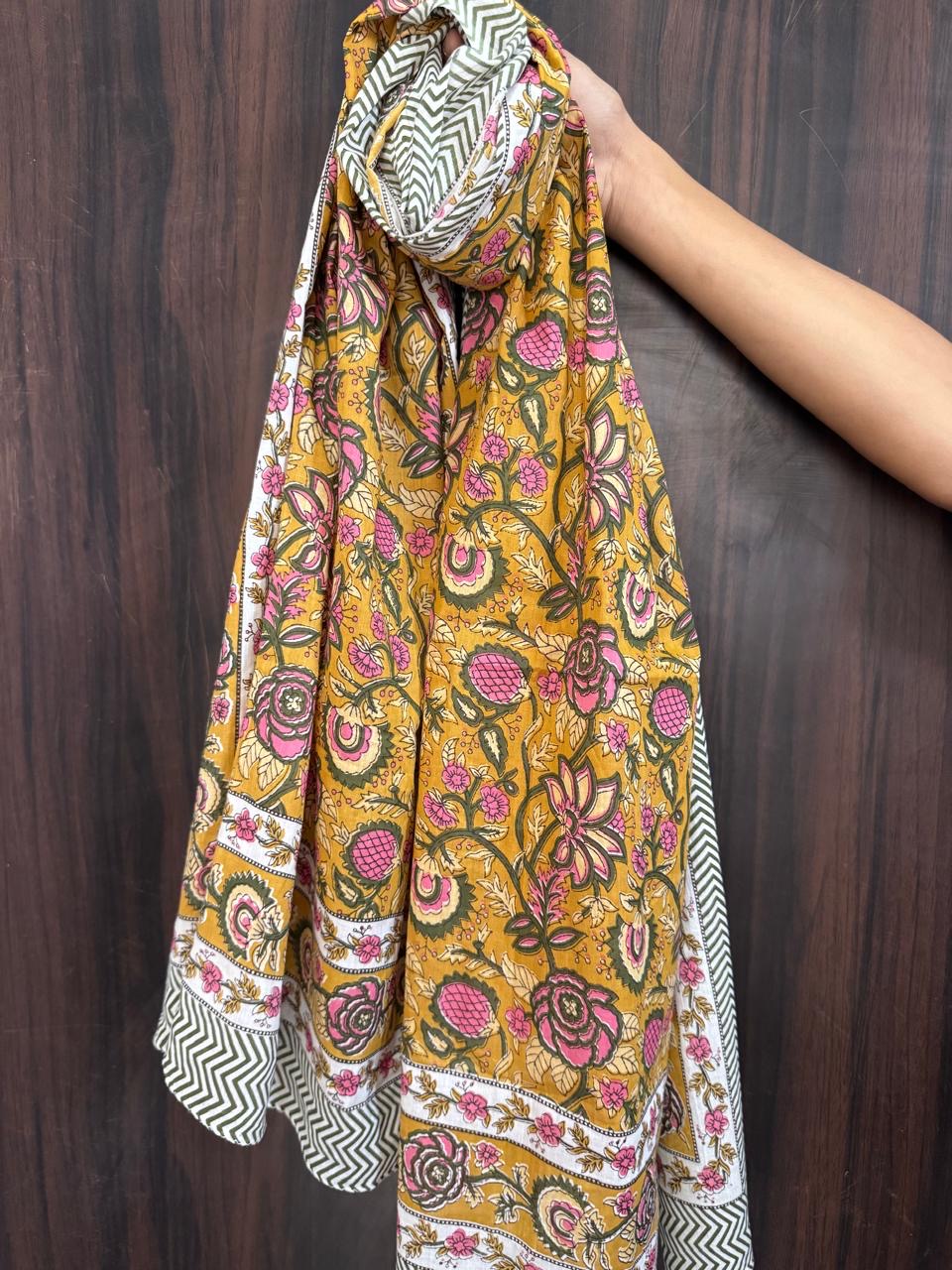 Block Print Cotton Sarong - Mustard With Green & Pink Floral