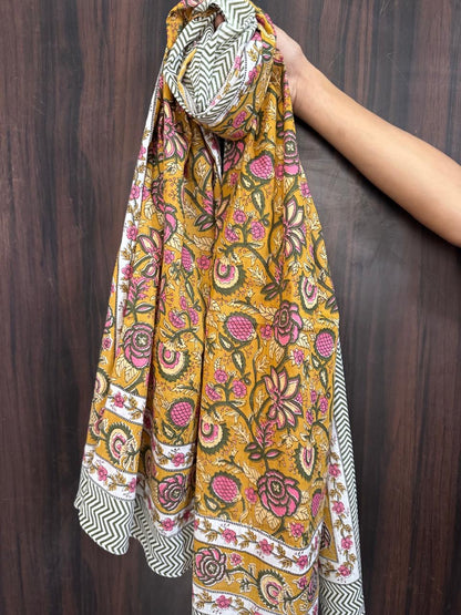 Block Print Cotton Sarong - Mustard With Green & Pink Floral