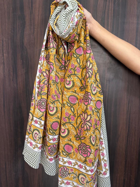 Block Print Cotton Sarong - Mustard With Green & Pink Floral