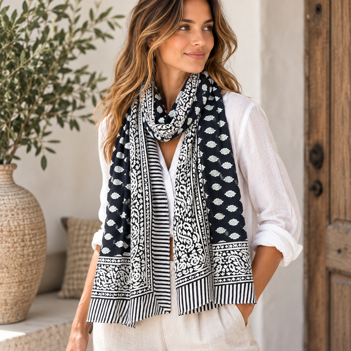 Block Print Cotton Sarong - Black & White