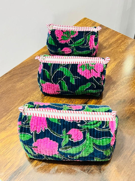 Velvet Makeup Bag - Navy Blue & Pink Floral