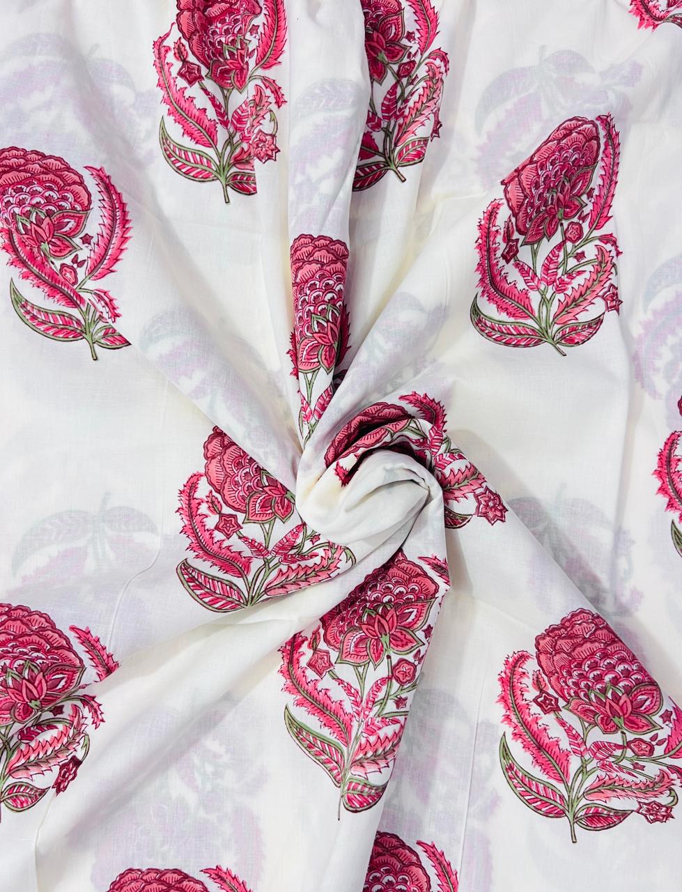 Indian Block Print Cotton Fabric - Pink & White