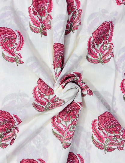 Indian Block Print Cotton Fabric - Pink & White