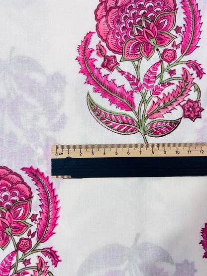 Indian Block Print Cotton Fabric - Pink & White