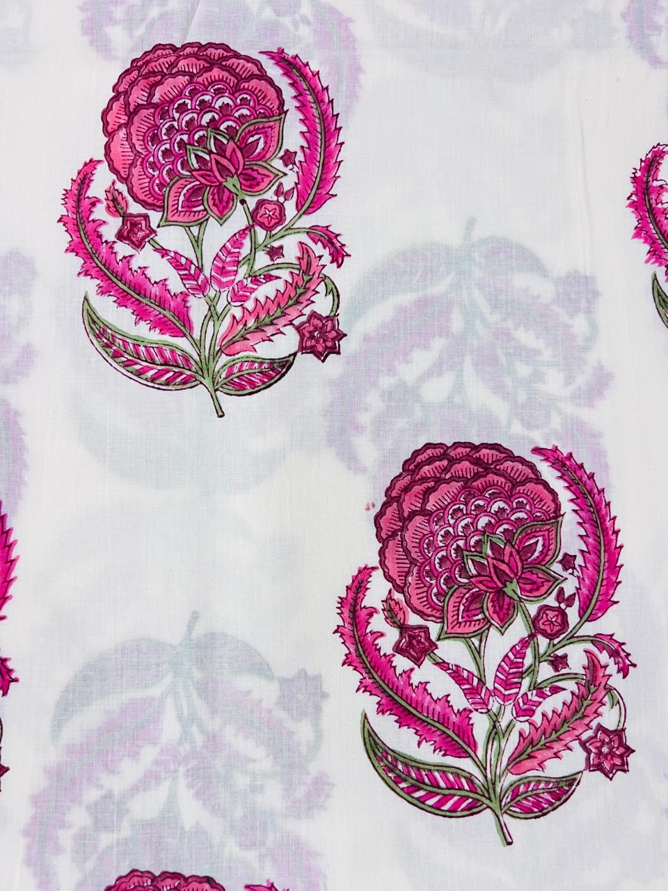 Indian Block Print Cotton Fabric - Pink & White
