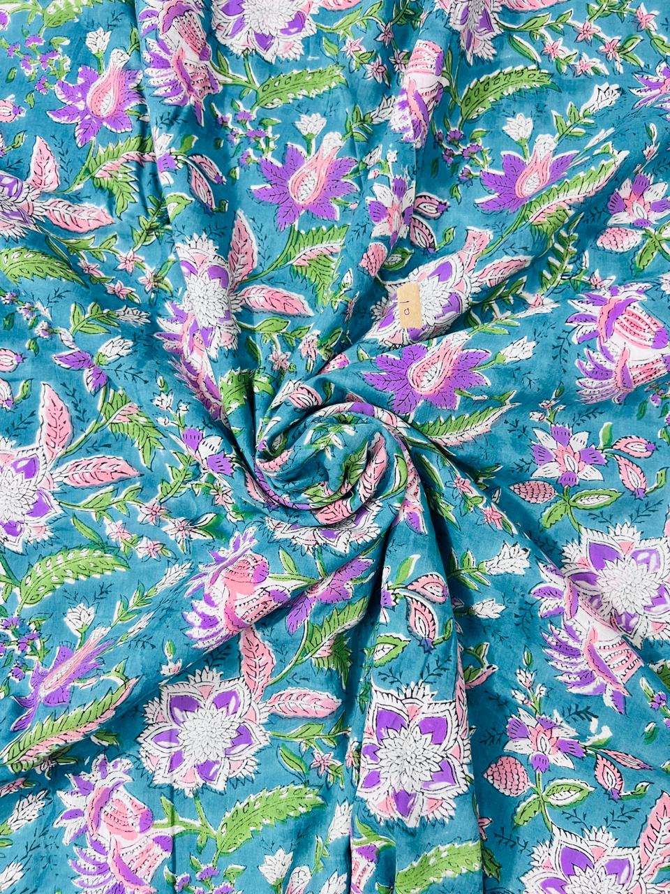 Indian Block Print Cotton Fabric - Purple & Blue