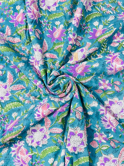 Indian Block Print Cotton Fabric - Blue & Purple