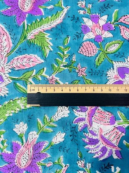 Indian Block Print Cotton Fabric - Purple & Blue