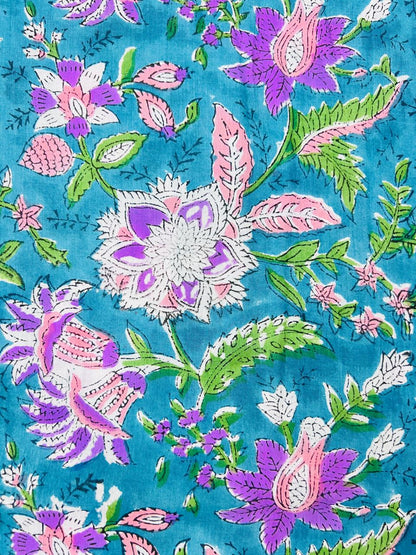 Indian Block Print Cotton Fabric - Blue & Purple