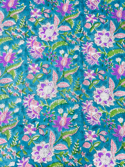 Indian Block Print Cotton Fabric - Purple & Blue