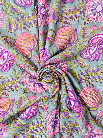 Indian Block Print Cotton Fabric - Purple & Green