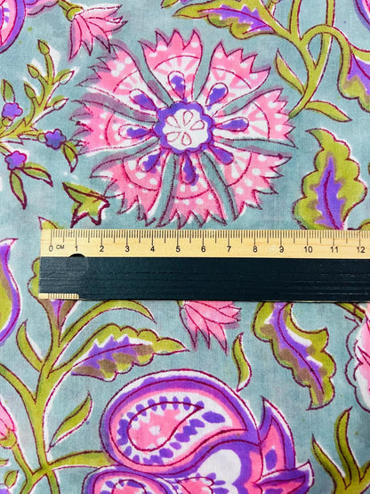 Indian Block Print Cotton Fabric - Purple & Green