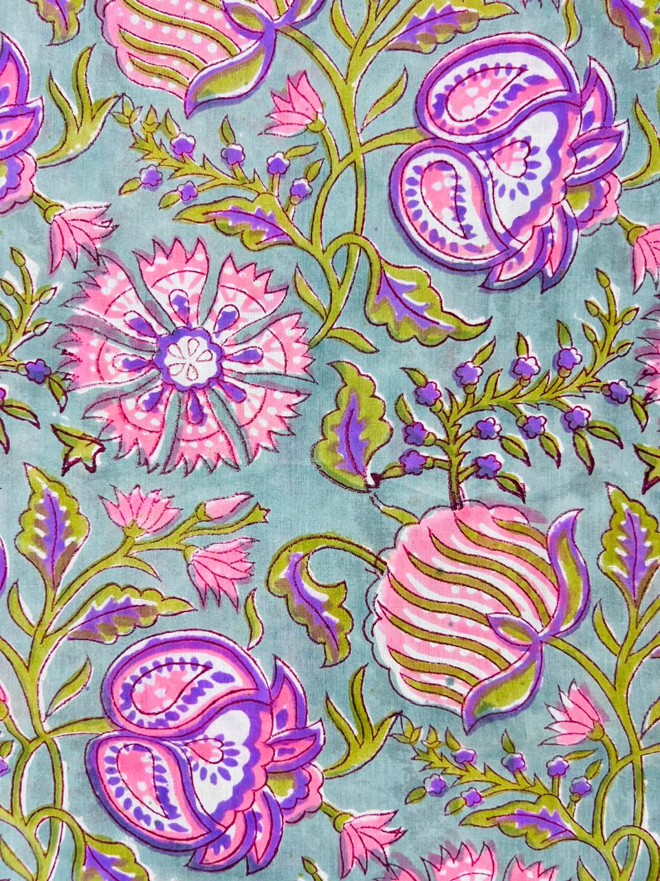 Indian Block Print Cotton Fabric - Purple & Green