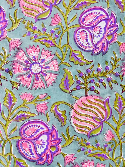 Indian Block Print Cotton Fabric - Purple & Green