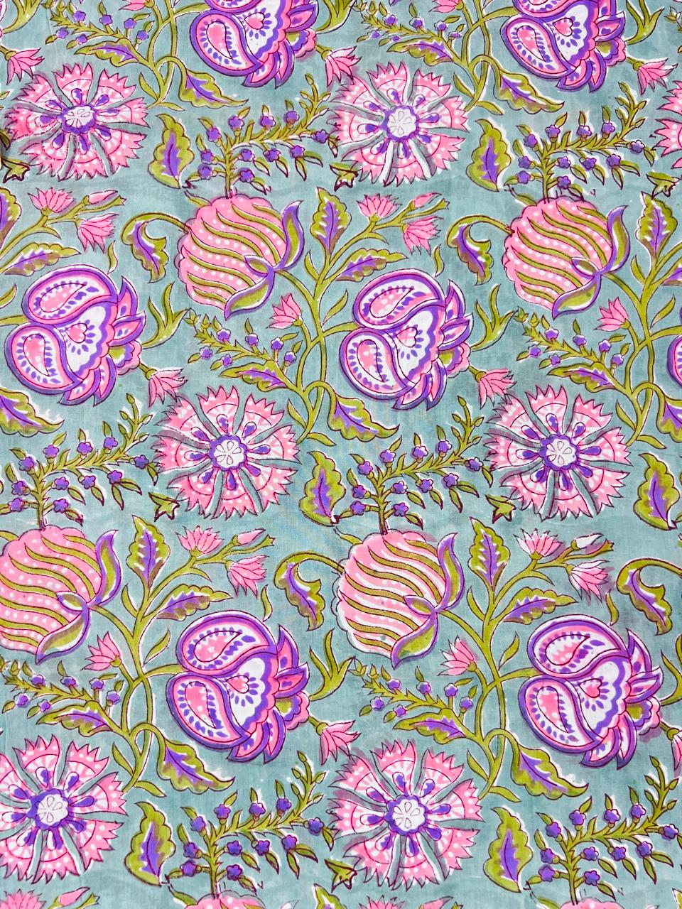 Indian Block Print Cotton Fabric - Purple & Green