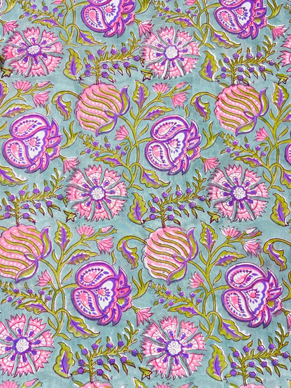 Indian Block Print Cotton Fabric - Purple & Green