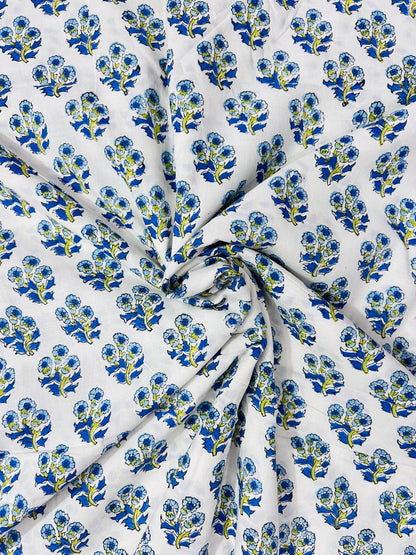 Indian Block Print Cotton Fabric - Blue & Yellow Flowers