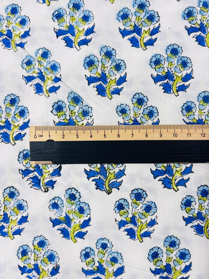 Indian Block Print Cotton Fabric - Blue & Yellow Flowers