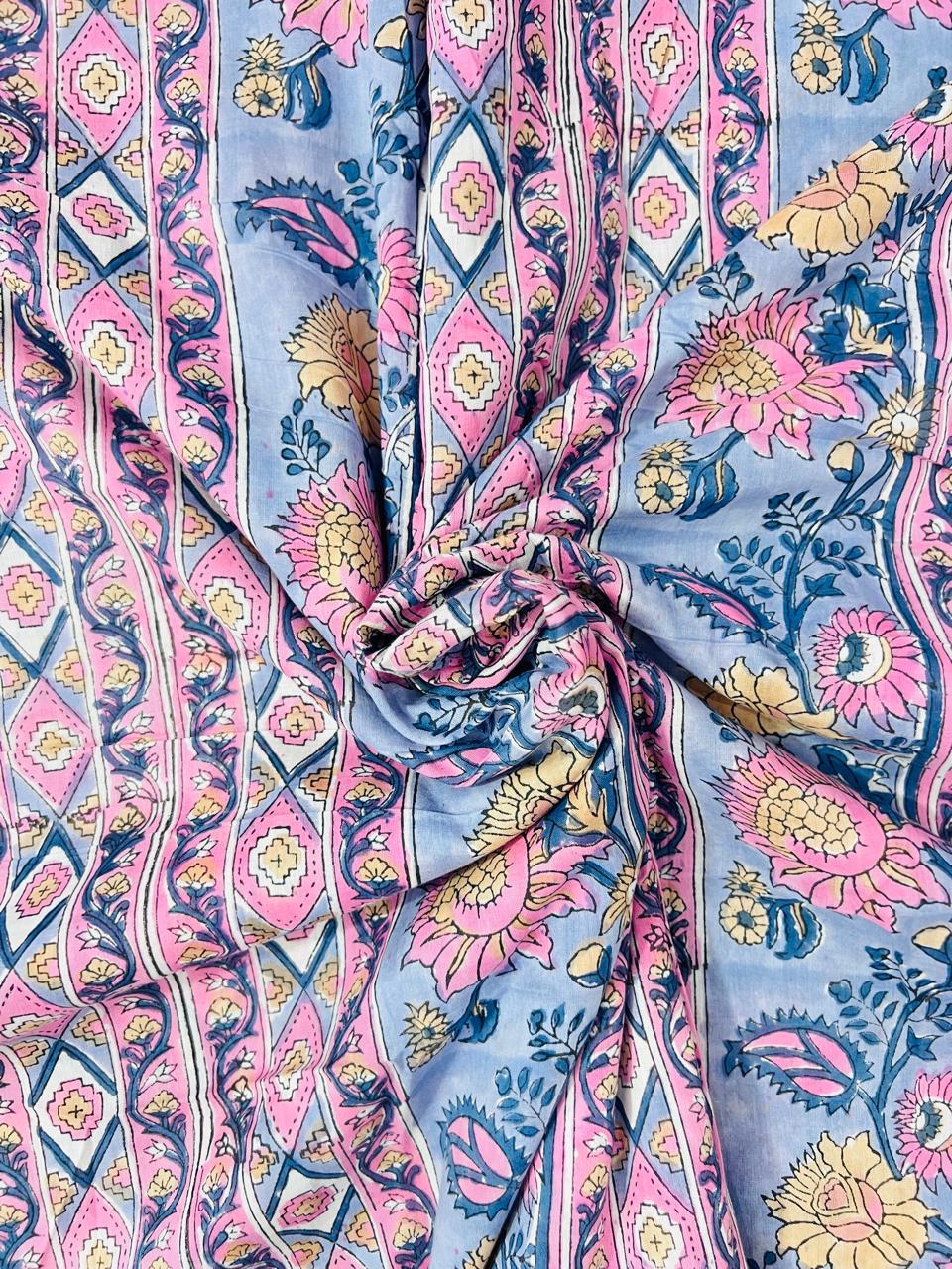 Indian Block Print Cotton Fabric - Pink & Blue