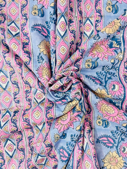 Indian Block Print Cotton Fabric - Pink & Blue