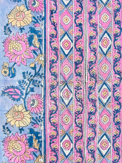 Indian Block Print Cotton Fabric - Pink & Blue